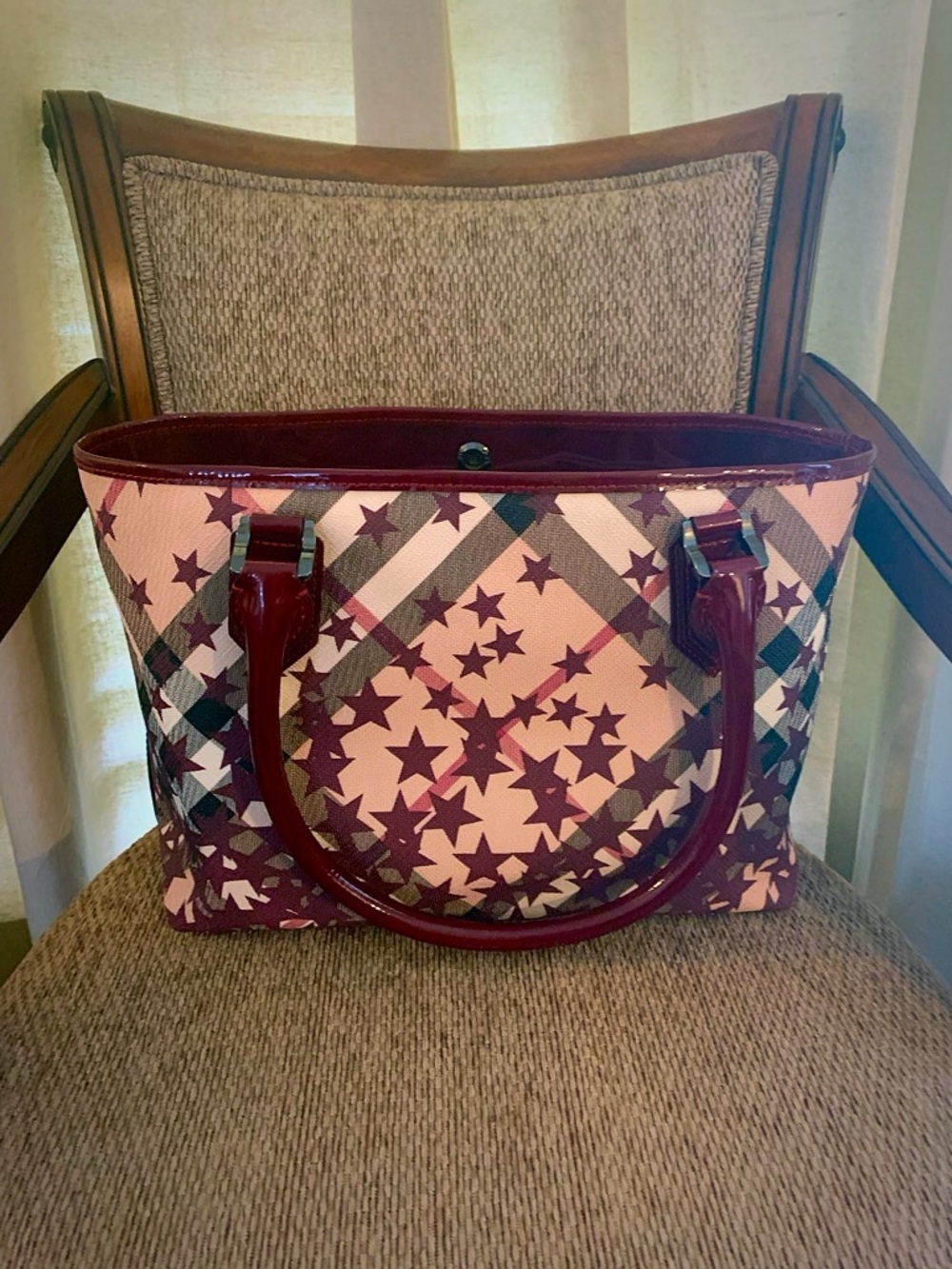 Burberry Burgundy Star Print Patent-Trim Tote